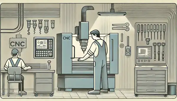 A stylized cartoon of a CNC machinist in a workshop