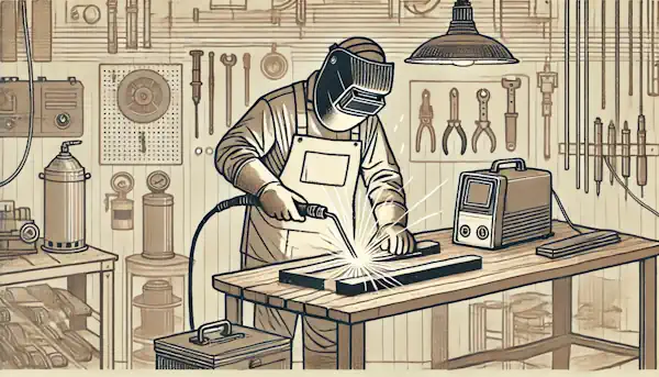 stylized cartoon of a welder in a traditional welding workshop