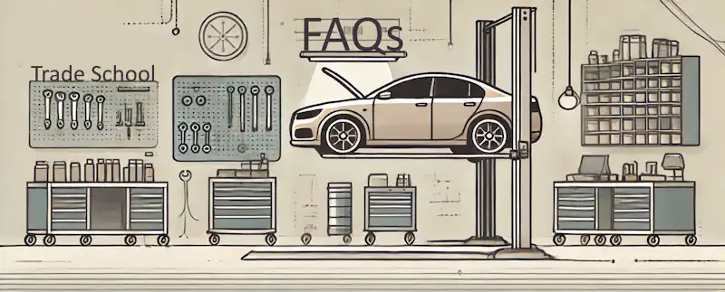 trade school faq cartoon depicting an automotive repair shop